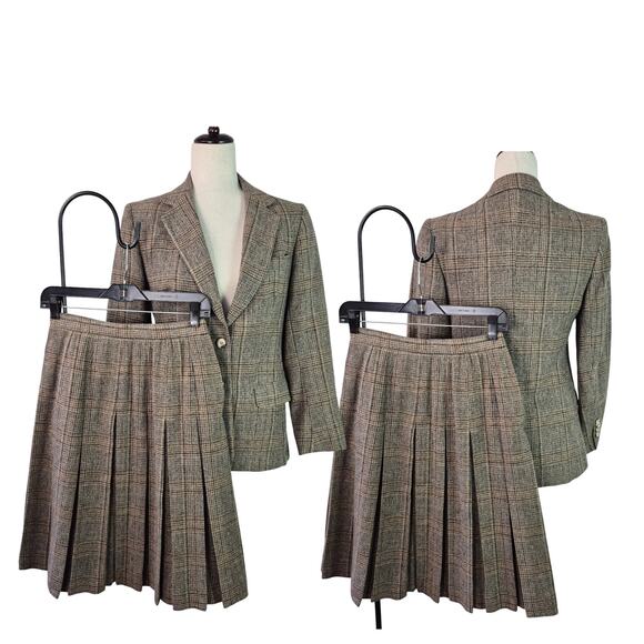 Evan Picone Brown Cream Wool Tweed Pleated Skirt Jacket Blazer Set Vintage Small - Picture 1 of 14
